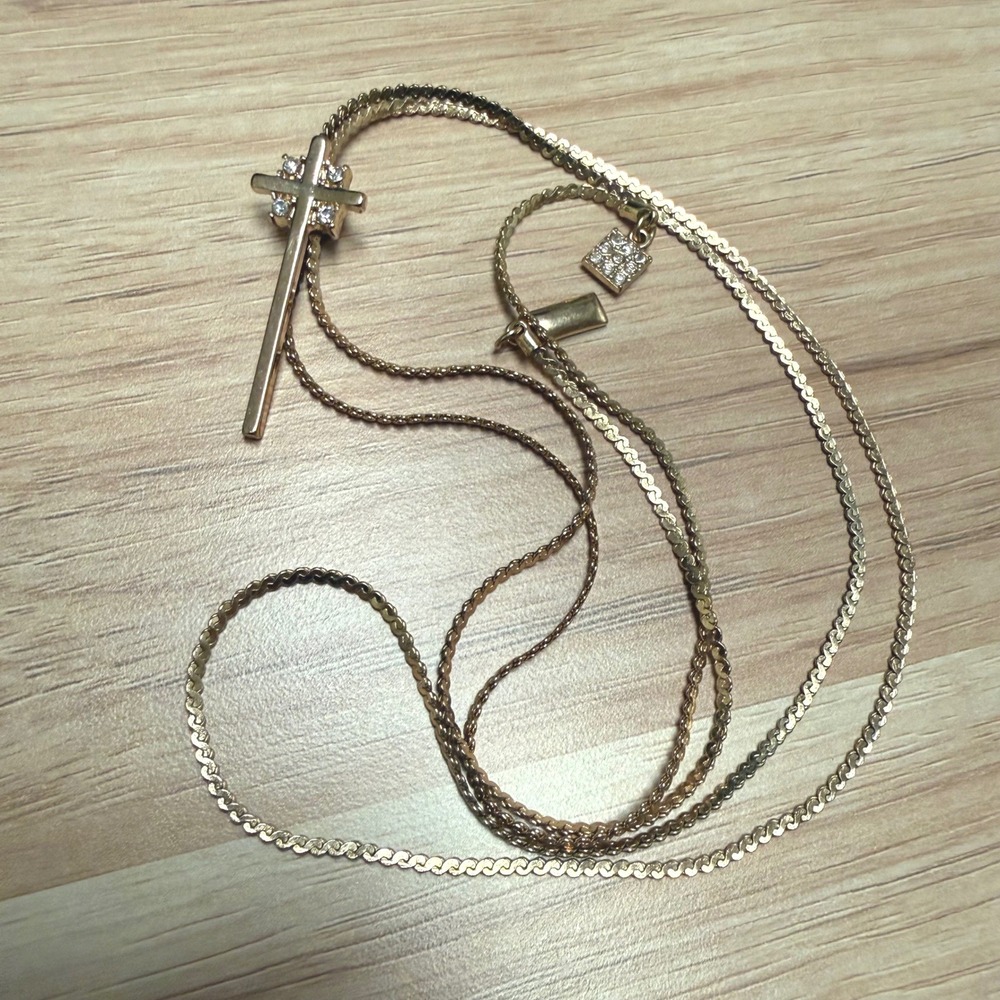Gold Tone Cross Lariat Necklace Adjustable Bolo Crystal Accents 32 Inch